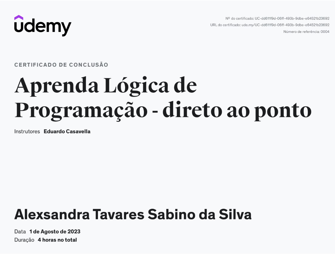 Certificado Aprenda Lógica de Programação - Udemy